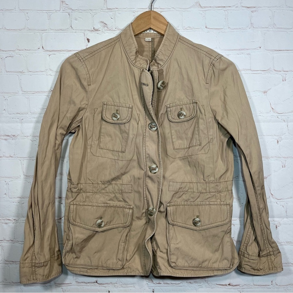 Ann Taylor Loft Jacket Womens Medium Petite Khaki Pockets Zipper Buttons